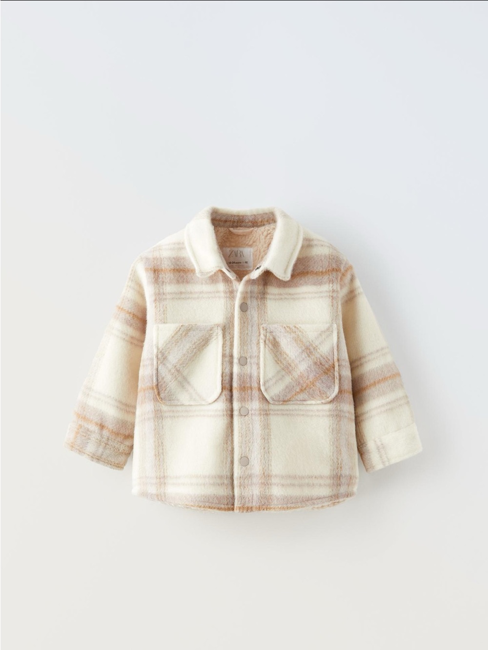 ZARA kids Cream Plaid Sherpa Hoodie-Style Shirt Jacket with Tan Stripes